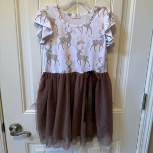 Adorable Deer Print Dress with Brown Tulle Skirt